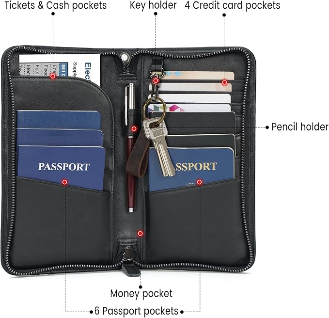 Polare Full Grain Leather Family Travel Passport Wallet and Documents Organizer RFID Blocking Case Holder Fits 6 Passports for Men and Women