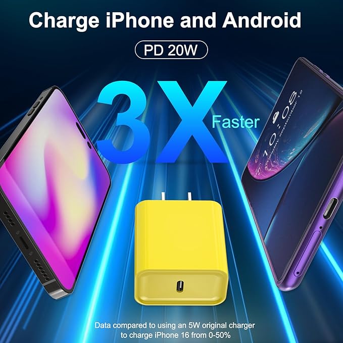 iPhone 17 16 15 Charger Fast Charging, 3 Pack PD 20W USB C Charger with 10FT Cord, USB C Cable Type C Chargers Block for iPhone 17/17 Pro/17 Pro Max/16/16 Plus/16 Pro/16 Pro Max/15/15 Pro（Yellow）