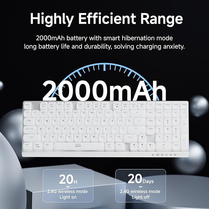EWEADN MK100 Wireless Low Profile Mechanical Keyboard, Bluetooth/2.4GHz/USB-C Wired with White Backlight Quiet Mechanical Keyboards Wireless, Full-size keyboard for Game/Office, Windows, Mac, White