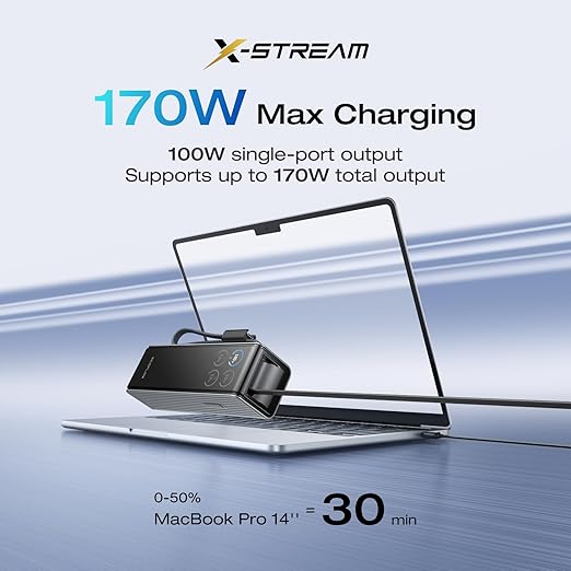 EF ECOFLOW Rapid Power Bank, 25,000mAh, 170W, 100W Built-in and Retractable Cables, Portable Charger with Triple 100W USB-C Port, Compatible with iPhone 17/16/15/14, Samsung, Laptop and More, Silver