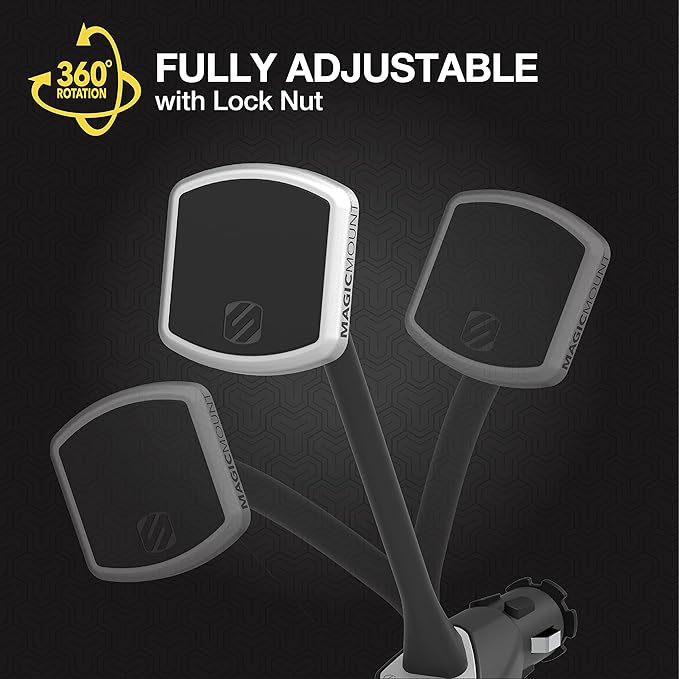 Scosche MP12V MagicMount Pro Magnetic Phone/GPS Car Mount 12W USB-A Power Outlet Cell Phone Charger, Cigarette Lighter Phone Holder, Compatible with Apple iPhone & More, Black/Silver