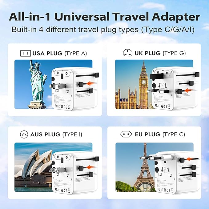 GaN III Universal Travel Adapter, 35W PD Charging with 7 Ports, Worldwide Plug for EU/US/UK/AU/JP, Portable Charger for Business and Vacation Travel