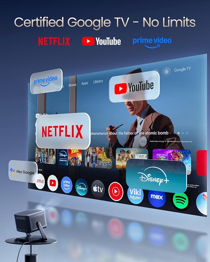 Dangbei DBOX02 Pro 4K Projector GTV, 2000 ISO Lumens, HDR10+, Dolby Audio, 3D Ready, Auto Keystone/Focus, 300" Screen, WiFi & Bluetooth Home Theater Projector for Bedroom