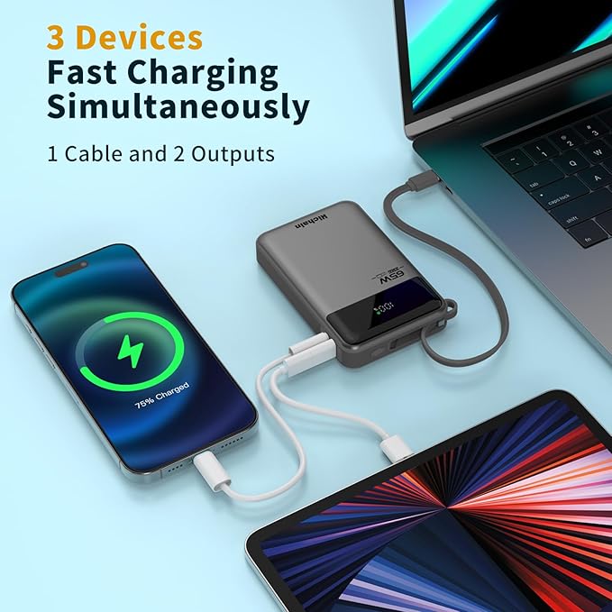 Hichain Laptop Power Bank 65W 20000mAh Portable Charger with Built-in USB-C Cable, 3-Port Fast Charging Battery Pack for MacBook iPhone 17 16/15 Series Android Switch Travel Essential Gray