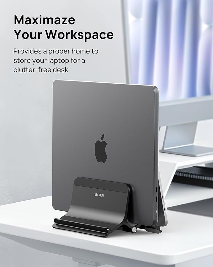 SODI Vertical Laptop Stand Holder for Desk Compatible with MacBook Air, MacBook Pro Stand Vertical Aluminum Up to 17 inch, Gravity Auto-Lock Cooling, 3-in-1 Space Saving Desk Organizer Accessories