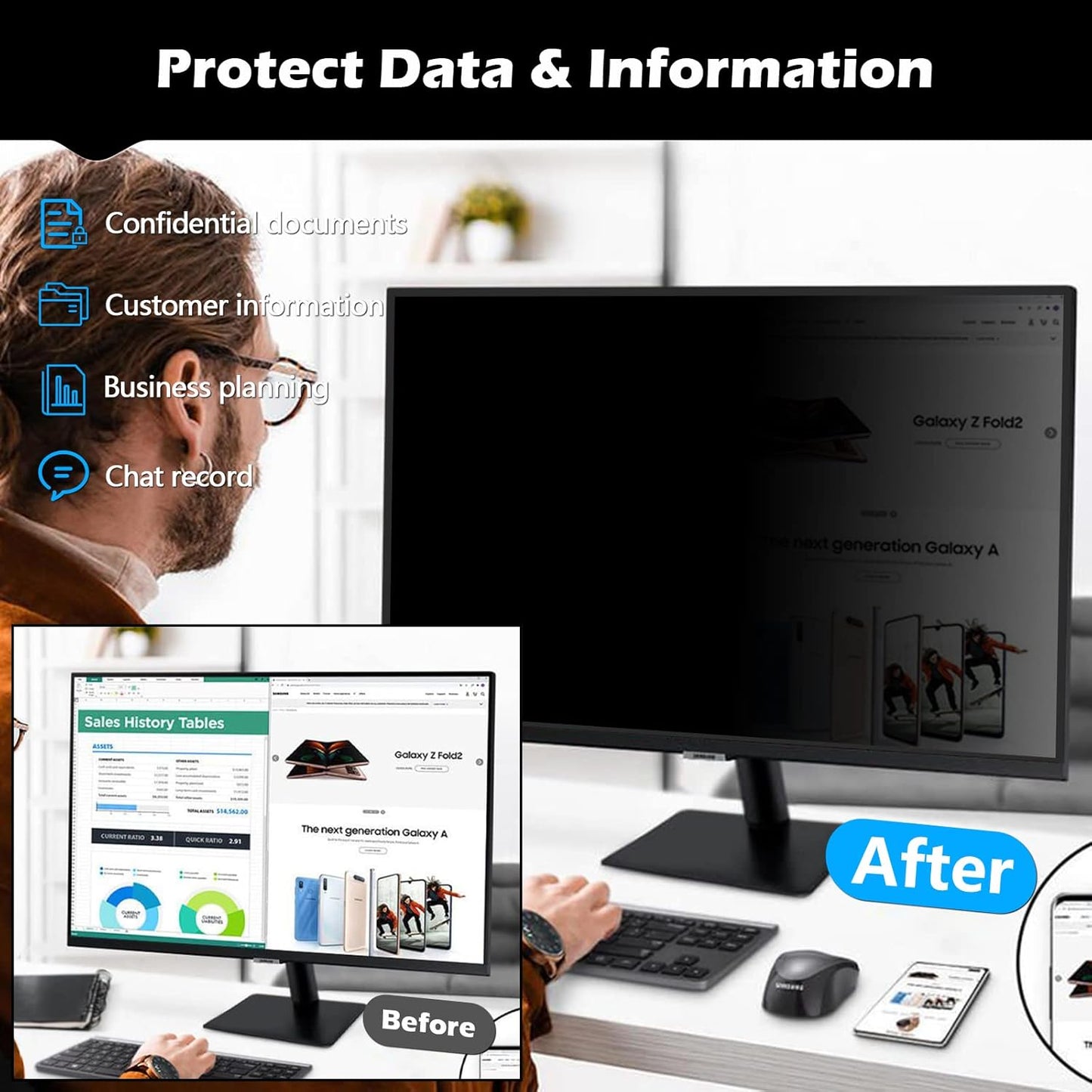 FILMEXT 2 Pack 23.8 inch Computer Privacy Screen Filter, Removable Computer Privacy Shield 23.8" for 16:9 All-in-One Desktop/Frameless Monitor,Computer Bubble Free Anti-Spy Blue Light Filter