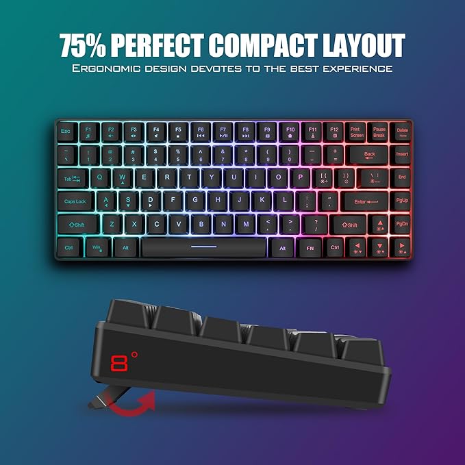 RedThunder K84 Wireless Keyboard and Mouse Combo, Rainbow Backlit Rechargeable Battery, 75% Layout TKL Ultra Compact Gaming Keyboard & Lightweight 3200 DPI Honeycomb Optical Mouse (Black)