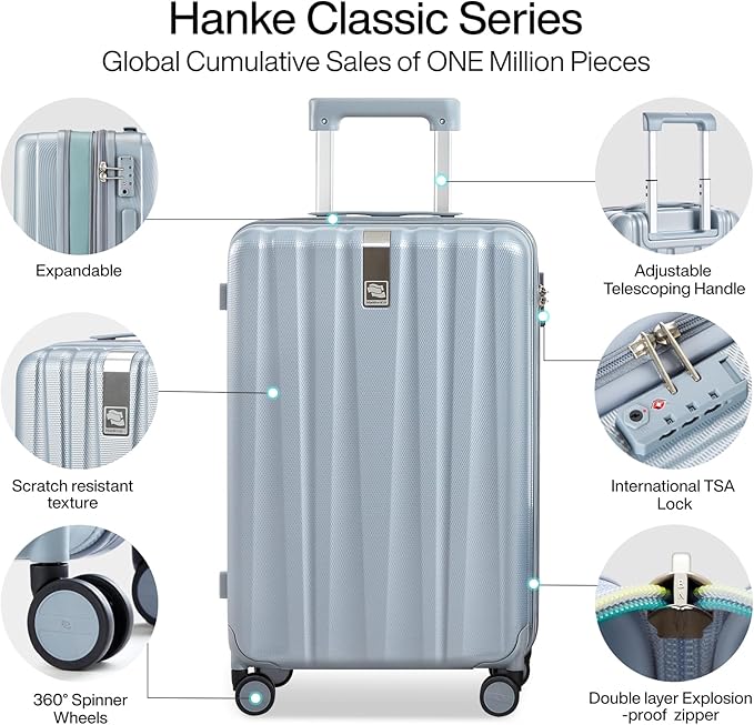 Hanke Expandable Hardshell Luggage Sets 3 piece Carry on Luggage with Wheels Suitcases Lightweight Checked Travel Luggage Rolling Large Suitcase Travel Luggage Bag Woman Men 20/24/29 Inch(Gray)