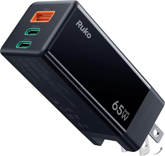 Ruko PD65W USB C Charger, 3-Port GaN Fast Charger Block, Compact Foldable Wall Charger for iPhone 17/16, MacBook Pro/Air, Galaxy S24, Pixel, Drone, Switch and More, Black