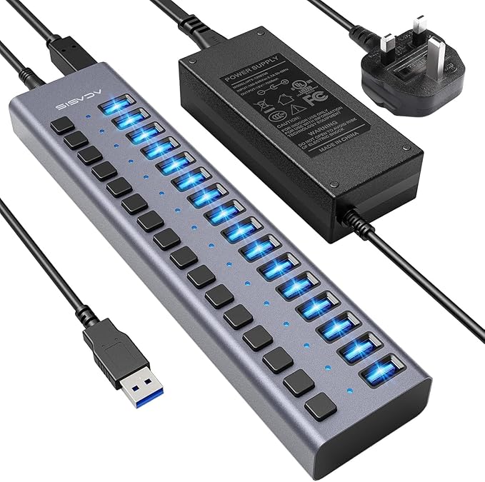 90W Powered USB Hub - ACASIS 16 Ports USB 3.0 Data Port, Aluminum Housing, Individual On/Off Switches, 12V/7.5A Power Adapter, USB Splitter for Laptop, PC, Computer, Printer