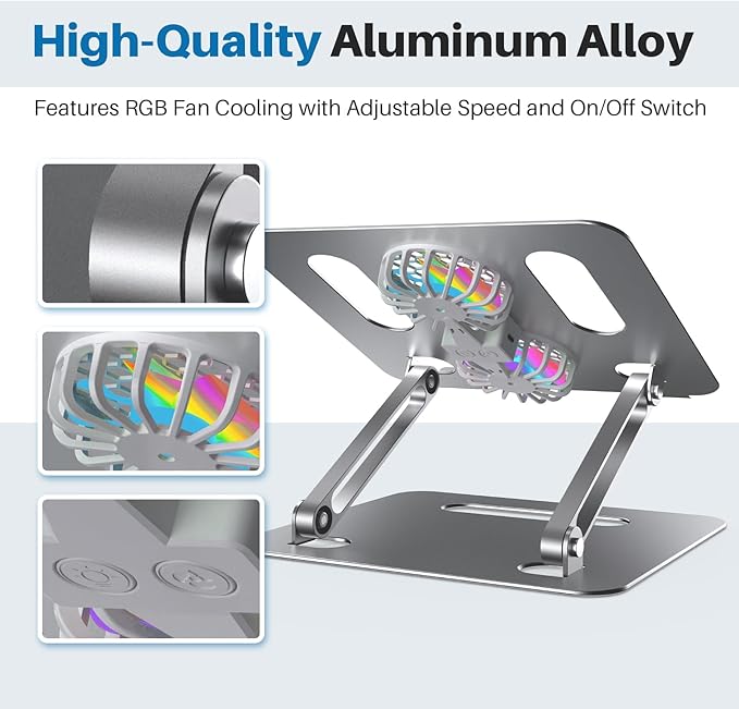 Adjustable Laptop Cooling Stand with 2 Quiet Fans & RGB Lighting, Aluminum Alloy & Foldable Ergonomic Design for MacBook, Lenovo, ASUS, Dell 10-16 Inch, Perfect for Gaming, DJ, Office - Silver