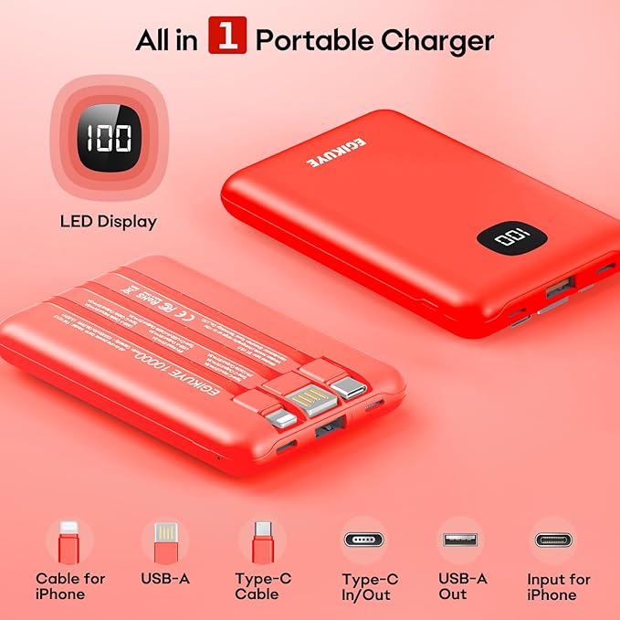 Portable Charger 10000mAh Power Bank with Digital Display, External Battery Pack with Built-in Cables, Ultra-Compact USB-C in&Out Travel Essential for iPhone, Android, Samsung etc (Red)