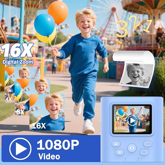 Kids Camera Instant Print for 3-12 Year Olds, HD Digital Instant Print Camera for Boys & Girls, Ideal Christmas Birthday Gift with 32GB SD Card, Easy to Use