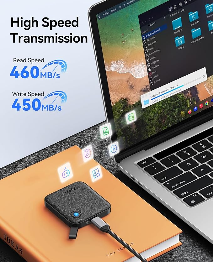 ORICO Portable SSD 1 TB with 2 in 1 USB C Cable, External Solid State Drives, Up to 460MB/s, Status Indicator, Reliable Storage for USB-C Smartphone, Tablet, PC - B5PLUS