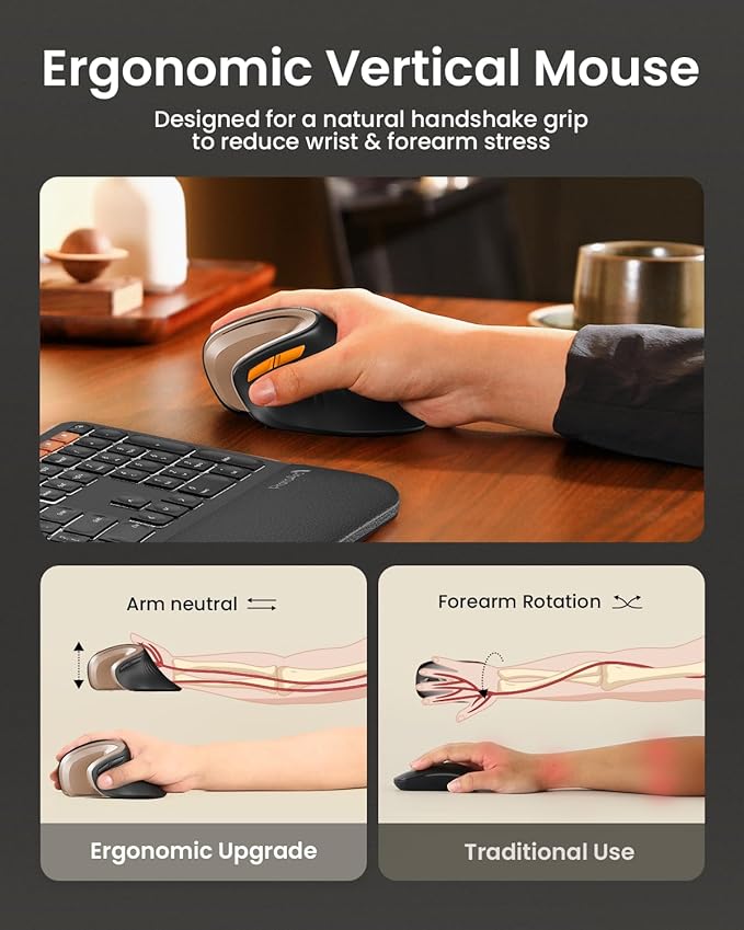 ProtoArc Ergonomic Mouse, EM11 NL Bluetooth Rechargeable Wireless Vertical Mouse, 3 Multi-Device Connectivity for Computer/PC/Laptop, 2.4GHz Optical Mice for Windows, Mac OS, Black Gold