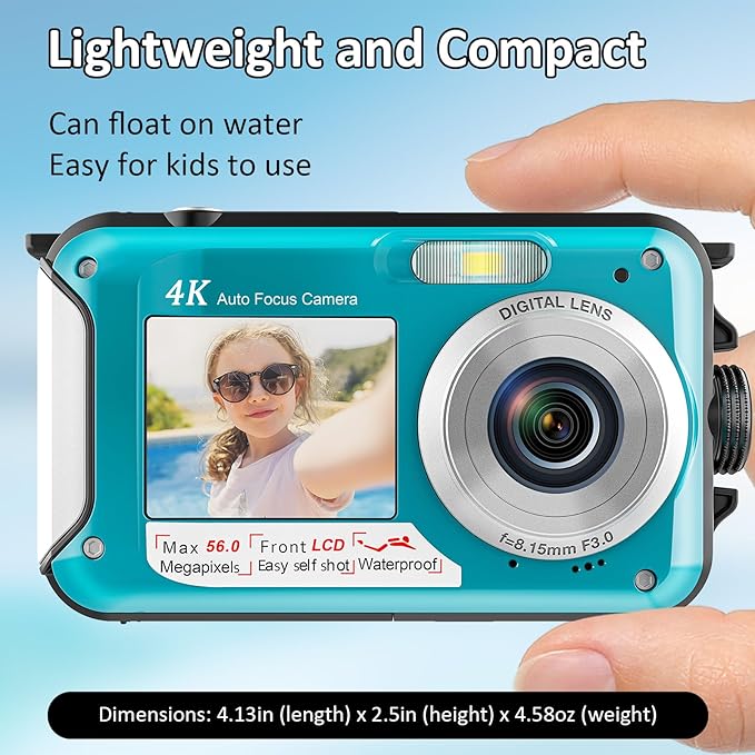 4K Underwater Camera 11FT Waterproof Camera with 32GB Card 56MP Autofocus Dual-Screen Selfie Underwater Camera for Snorkeling Waterproof Compact Floatable Digital Camera 1250mAh Battery Type-C (Blue)