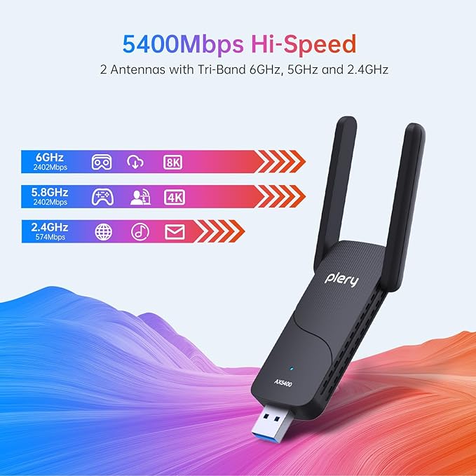 USB WiFi 6 PC Gaming Adapter, 5400Mbps Tri-Band Network Card | Ultra-Low Latency for Competitive Game & 4K Streaming | for Windows 10/11, Professional-Level Stability for Office & Live Broadcast
