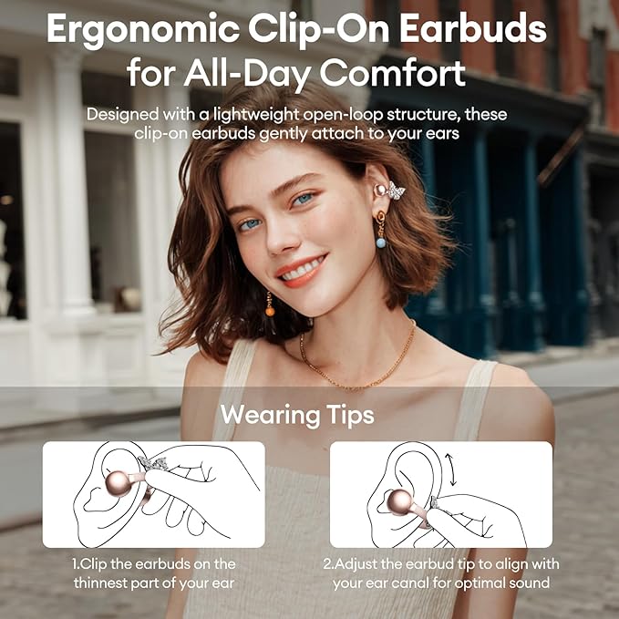 PAXA Bling Open Ear Clip On Earbuds with LED Display & Crystal Butterfly Earrings, Comfort Bluetooth 5.4 Wireless Ear Buds 50H Playtime for Women Girl Work, Fitness, Daily Wear, Gift, Rose Gold