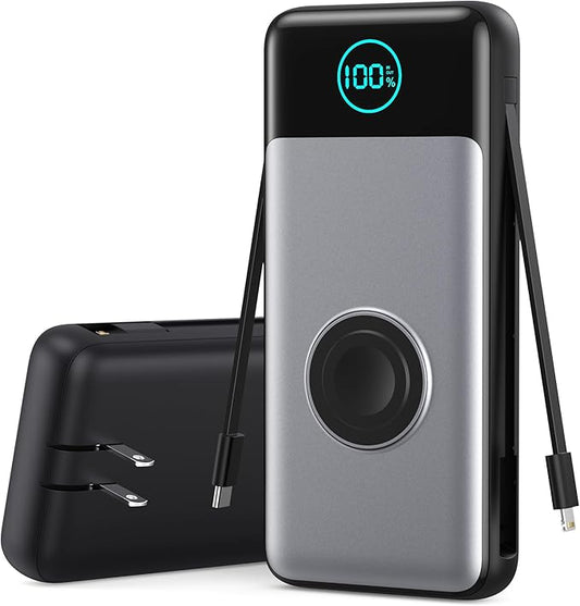 Portable Charger 26800mah for iPhone with Built-in Cables & AC Wall Plug,6-in-1 USB C Power Bank with iWatch Charger,25W PD Fast Charging Battery Pack for iPhone16/15/14/ 13/12,Android,Apple Watch etc