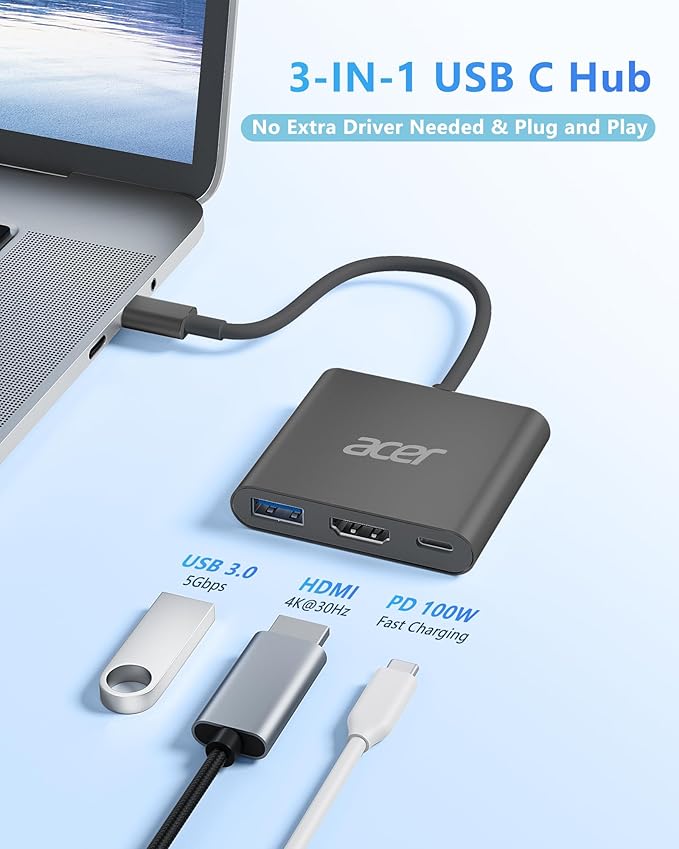 Acer USB C Hub, 3 in 1 USB C to HDMI Multi-Port Adapter,with 5Gbps USB 3.0 GEN1 Data Port, 4K HDMI Port and PD Max 100W Charging for USB C Phones, Tablets, iPad Pro, MacBook Pro, Acer Laptops and More