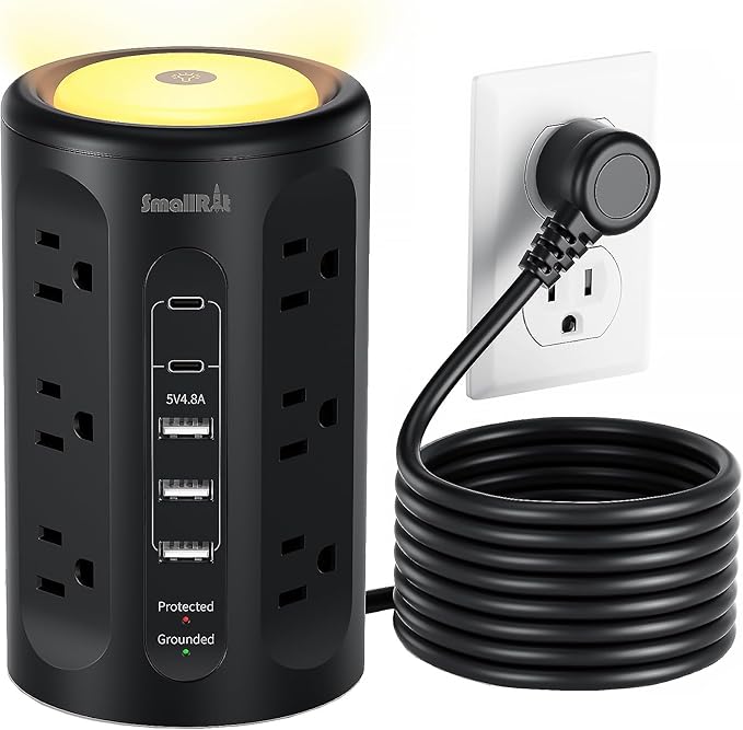 Surge Protector Power Strip Tower with 5 USB Ports and Night Light,10FT Extension Cord with 12 AC Multiple Outlets (Black, 10FT)