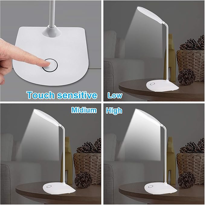 DEEPLITE LED Desk Lamp with Flexible Gooseneck 3 Level Brightness, Battery Operated Table Lamp 5W Touch Control, Compact Portable lamp for Dorm Study Office Bedroom(Set of 2)