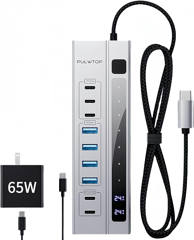 9 in 1 Powered USB C Hub, USB 3.2 Data Hub with 65W PD Power Adapter, 3 USB-C 10Gbps, 4 USB-A 5Gbps, 2 24/45W Type-C PD Charging Ports USB Hub