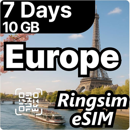 [eSIM] Europe eSIM | 7DAYS 10GB | UK, France, Italy, Spain, Germany | 5G, 4G/LTE, Tethering, Hotspot | eSIM with Instant Activation in 10 Minutes | Travel eSIM by Ringsim