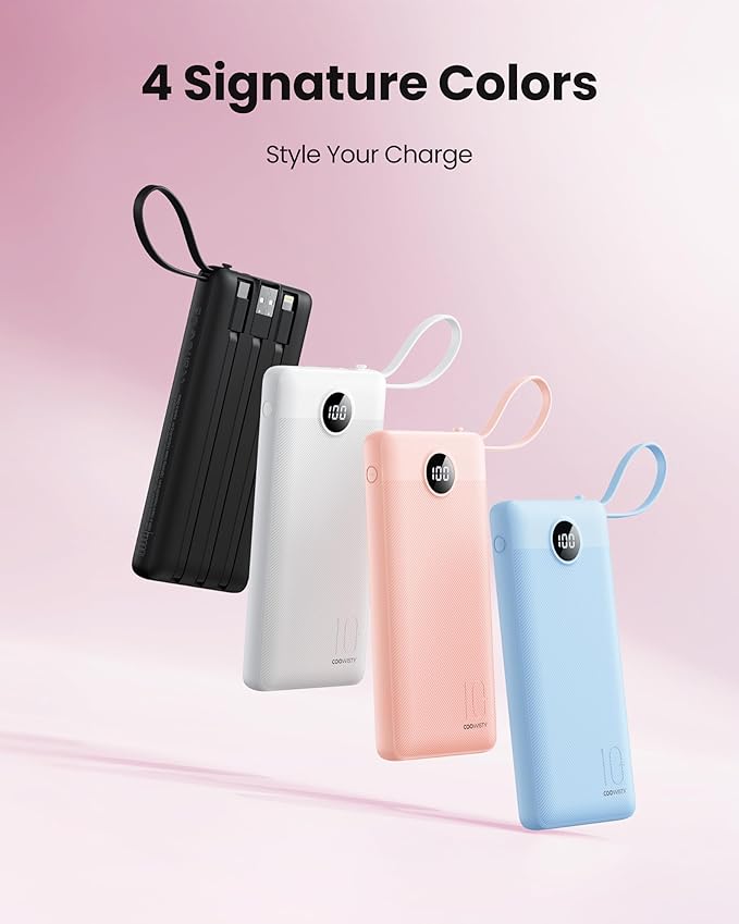 Portable Phone Charger, Slim 10000mAh Power Bank with Cords Wires, Battery Pack 5 Outputs 2 Inputs LED Display Compatible with iPhone/Android & More (Pink)