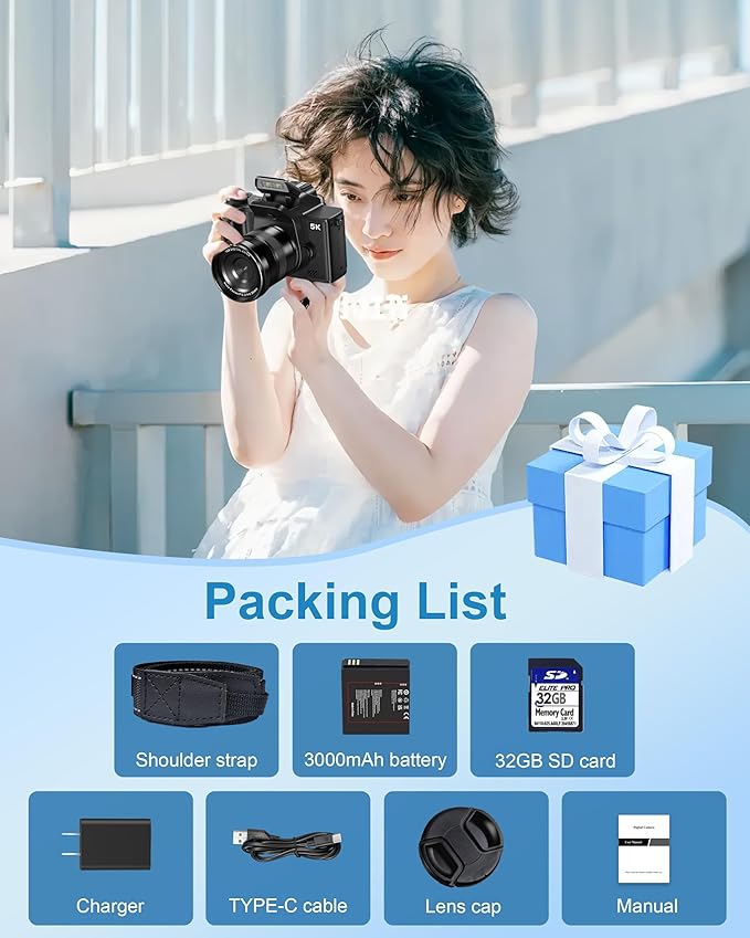 True 5K Digital Camera for Photography - 80MP WiFi Vlogging Camera for YouTube with 4.0" Touch Screen - UHD Autofocus Video Cameras with One-Touch Macro, 18X Zoom, Lens Cap, 3000mAh Battery, 32GB Card