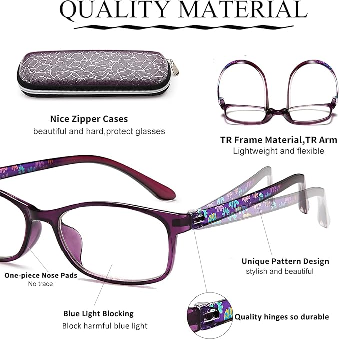 EYEURL Reading Glasses Women Blue Light Blocking - Set of 2 Pattern Design Value Computer Readers (Red+Purple, 3.5)