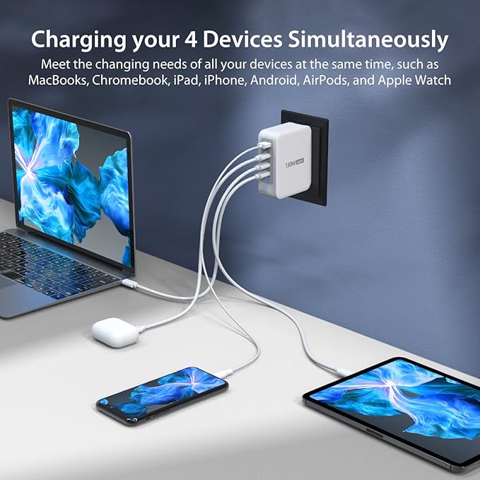 j5create 130W USB C Foldable GaN Fast Charger- 100W PD 4-Port GaN USB C Charging Station, Wall Charger, Laptop Charger, Travel Power Adapter | for MacBooks, Laptops, iPads, iPhones and more (JUP43130)