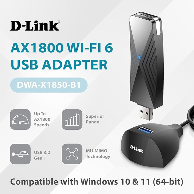 D-Link USB WiFi 6 Adapter AX1800 USB 3.0 Dual Band Long Range MU-MIMO Wireless Internet Network for Desktop PC Laptop Windows (DWA-X1850-B1) Black