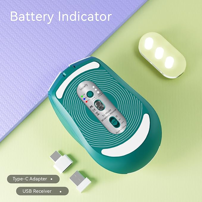 Uciefy Bluetooth Wireless Mouse, (BT5.0/5.1+2.4GHz) USB C Rechargeable LED Mouse Battery Level Visible, Honeycomb Magnetic Shell Cover with USB Receiver & Type-C Adapter for Laptop/PC/Mac/iPad - Green
