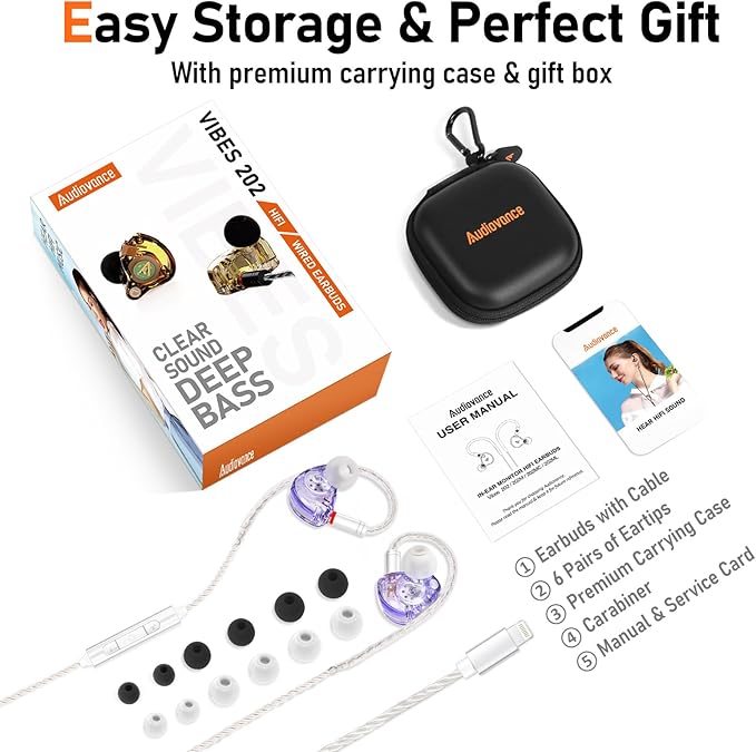 Vibes 202ML Wired Earbuds - HiFi in Ear Headphones - Noise-Isolating Ear Buds w/ Mic - Clear Sound, Deep Bass, Comfort-Fit Earphones - MMCX–Lightning for iPhone 5–14, Silver Plated Cord, Carrying Case