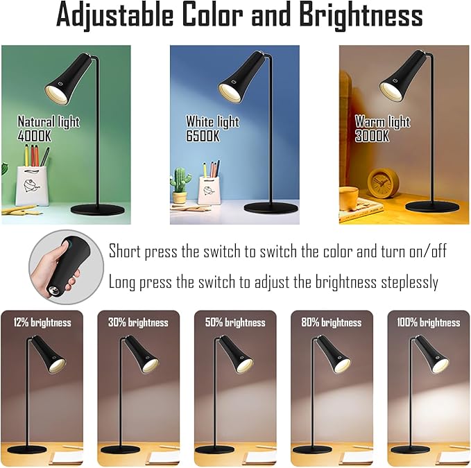 5 Modes Rechargeable LED Lamp with Magnet Swivel Joint, Touch Control, Adjustable Brightness, Color, 360° Angle, Can Become Desk Lamp, Clip Lamp, Wall Lamp, Flashlight, Portable Charger (Black)