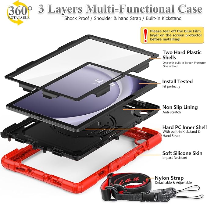 SEYMAC stock Case for Samsung Galaxy Tab A9+ Plus 11'', Full-Body Drop Protection Case with Screen Protector Pencil Holder [360° Rotating Hand Strap] &Stand, Red+Black