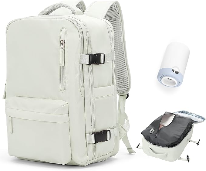 Vacuum Travel Backpack with Pump for Women, Personal Item Carry on Backpacks Flight Approved 18x14x8 inches for Men,Laptop Waterproof Work Compression bags Casual Daypack YYWhite