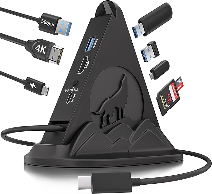 USB C Hub Multiport Adapter, 8-in-1 USB C Dock with HDMI 4K@30Hz, PD 100W, 5Gbps USB-A 3.0x3, USB-Cx1, SD/TF Card Reader, Wolf Gaming RGB USB Tower Hub for MacBook, iPhone16, XPS, Surface, iPad, etc.