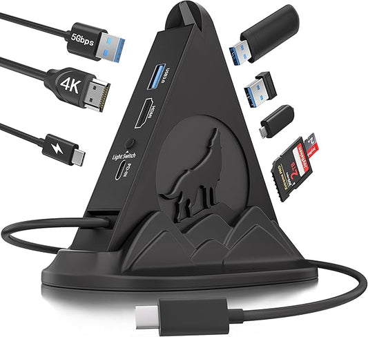 USB C Hub Multiport Adapter, 8-in-1 USB C Dock with HDMI 4K@30Hz, PD 100W, 5Gbps USB-A 3.0x3, USB-Cx1, SD/TF Card Reader, Wolf Gaming RGB USB Tower Hub for MacBook, iPhone16, XPS, Surface, iPad, etc.