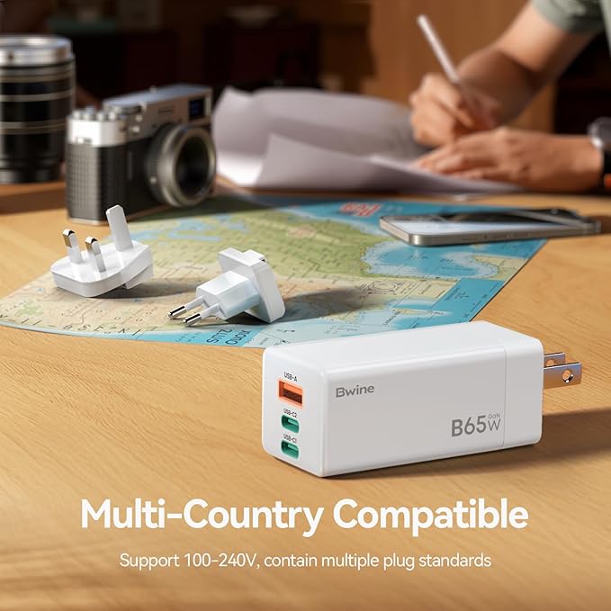 Bwine 65W USB C Charger,3-Port Fast Charging Blocks, Universal Travel Adapter Kit,Compatible with iPhone17/Pro,Galaxy S24,Note 20/10+,iPad and More(4ft USB-C Cable,UK/EU Conversion Plug Includes)