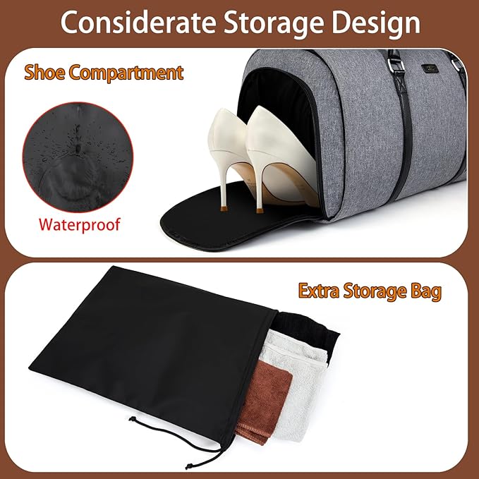4pcs Convertible Garment Duffel Bag for Travel - 50L 2-in-1 Carry On Weekender Overnight Bag with Toiletry Bag, Fits Suits & Dresses, Trolley Sleeve, Hanging Suit Compartment, Waterproof Shoe Pocket