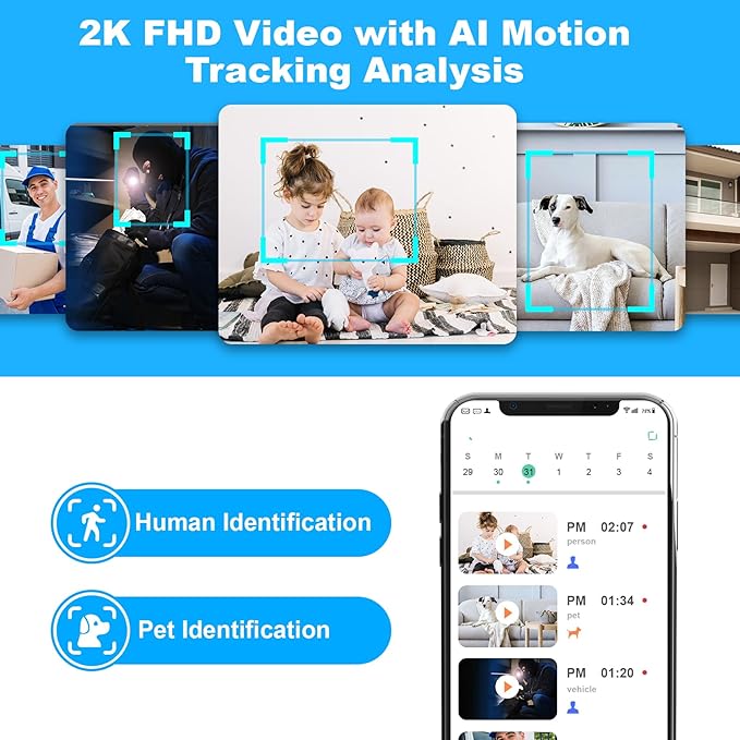 2K Indoor Camera, 5/2.4 GHz WiFi Pan/Tilt Security Camera with AI Motion Detection, One-Click, Wired Baby/Pet Camera with 2-Way Audio, 24/7, Siren Alarm, TF/Cloud Storage - 4 Pack