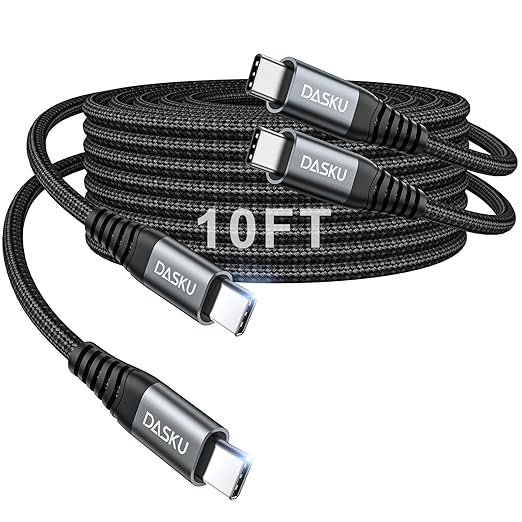 100W USB C to USB C Cable Long 2Pack 10 FT Type C Charger Cable 5A Fast Charging Cord Compatible with iPhone 16 Plus/16 Pro/15 Pro Max Samsung S24 S23 MacBook Air iPad Pro Carplay