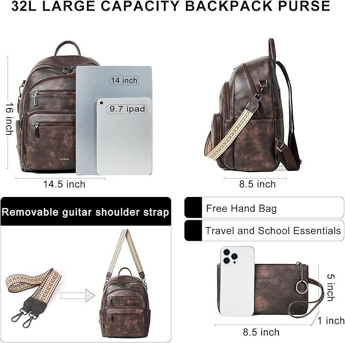 Backpack Purse for Women Laptop Backpack, Leather Travel Backpack Shoulder Bag Teacher College Daypack Work Handbag fits 14" Laptop-Coffee