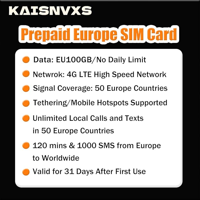 Prepaid SIM Card for Europe Travel with 100GB of 4G Data,Unlimited Calls and SMS in Europe with France Phone Number, 120 mins and 1000 SMS from Europe to Worldwide(Lasts for 31 Days),Tethering Allowed