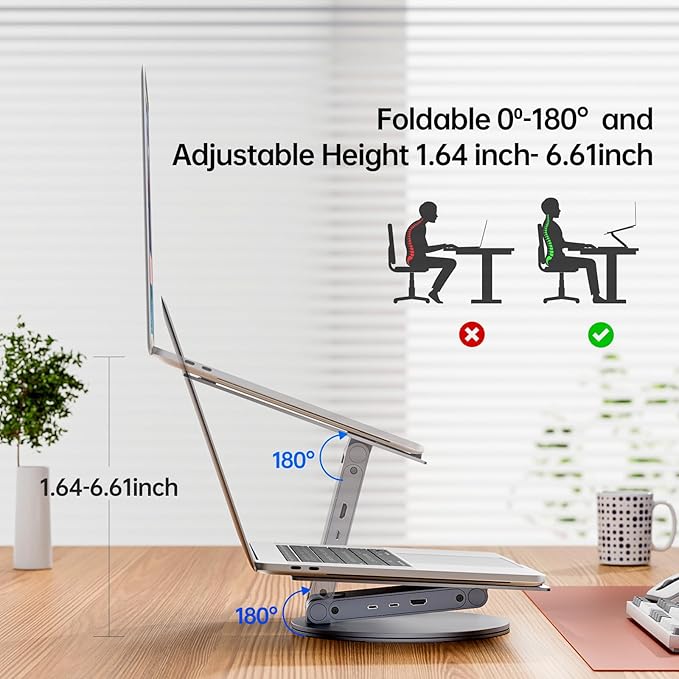 Adjustable Laptop Stand with 6-in-1 USB C Docking Station, 360° Rotation, 4K HDMI, USB3.0, PD100W, Compatible with MacBook Pro Air, Dell XPS, HP 10-16” - Gray