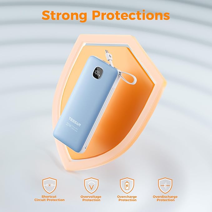 TESSAN Portable Charger with Built in Cables, 10000mAh Power Bank Fast Charging with Foldable AC Plug, 20W Compact Battery Pack Travel Essentials for iPhone 16/15 Series, Samsung, Tablets, Blue