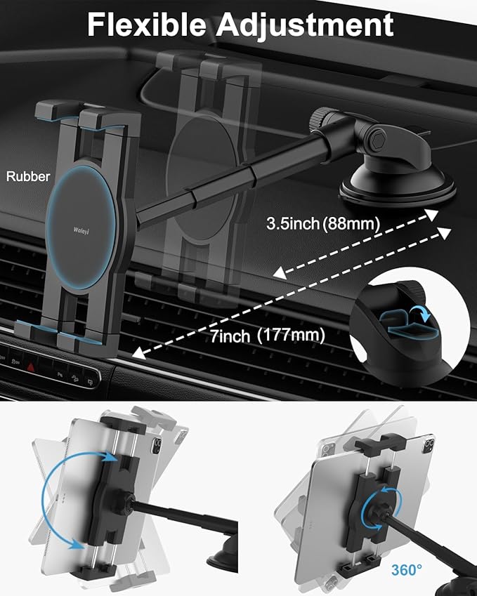 woleyi Dashboard Car Tablet Mount, Telescopic Tube Suction Cup Car Tablet Holder, Compatible with iPad Pro/Air/Mini, Galaxy Tab/Z Fold, Fire HD, Surface, iPhone, More 4.7-13" Cell Phones and Tablets