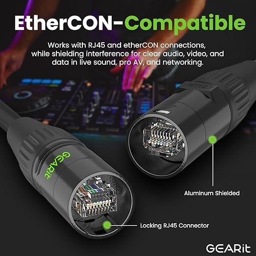 GEARit Shielded CAT6 Ethercon Cable (25 Feet) Professional Audio & Lighting RJ45 EtherCON-Compatible Cable for Studio, Stage, Concerts - 25ft Black
